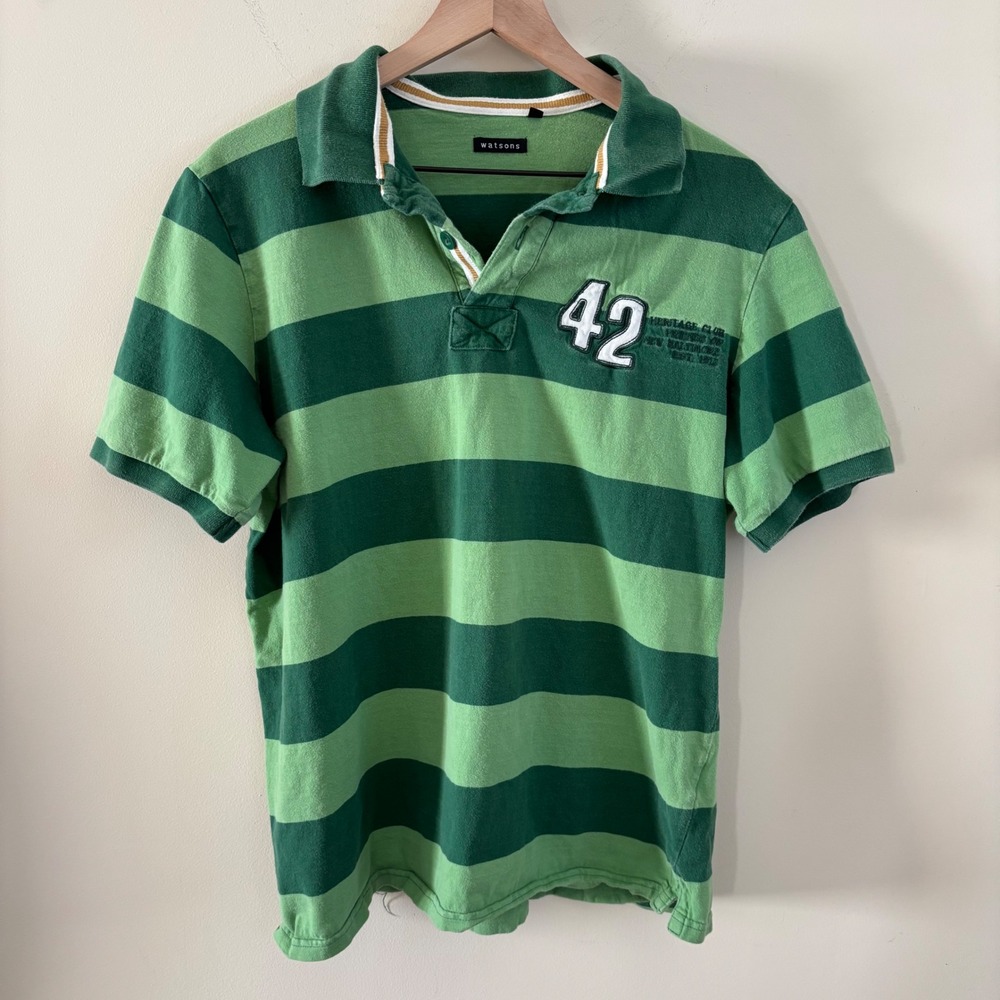 Watsons Mens Green Striped Polo Shirt Short Sleeve Heritage Club 42 XL